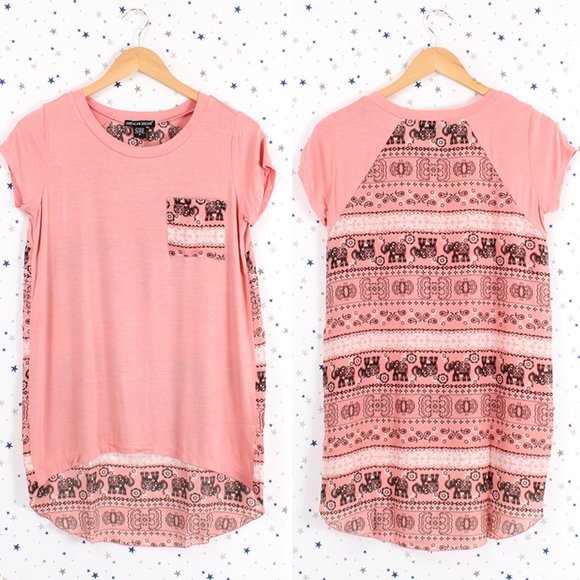 Elephant Print Back Top Tee Light Coral Pink - Picture 1 of 7